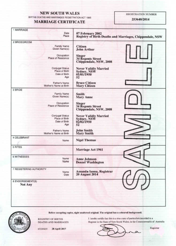 NSW BDM Sample Standard Marriage Certificate NAATI 